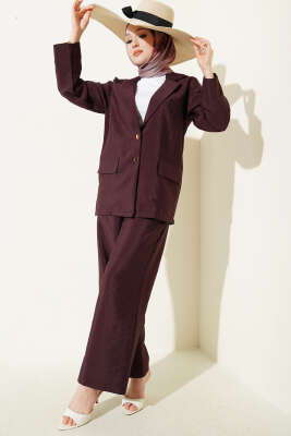 Kruvaze Yaka Gold Düğmeli Ceketli Takım Mürdüm 