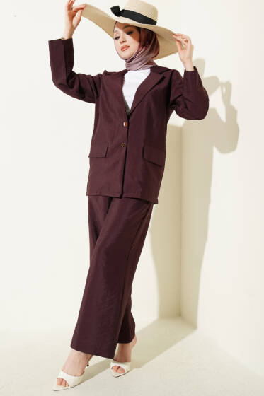 Kruvaze Yaka Gold Düğmeli Ceketli Takım Mürdüm - İkili Takım