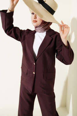 Kruvaze Yaka Gold Düğmeli Ceketli Takım Mürdüm - İkili Takım