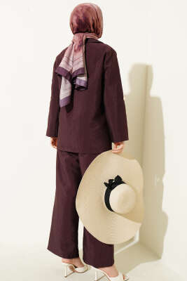 Kruvaze Yaka Gold Düğmeli Ceketli Takım Mürdüm - İkili Takım