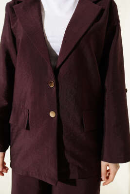 Kruvaze Yaka Gold Düğmeli Ceketli Takım Mürdüm - İkili Takım