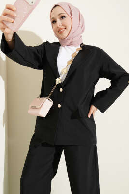 Kruvaze Yaka Gold Düğmeli Ceketli Takım Siyah 