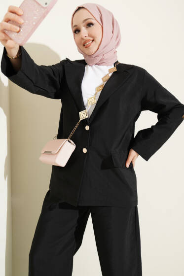 Kruvaze Yaka Gold Düğmeli Ceketli Takım Siyah - İkili Takım