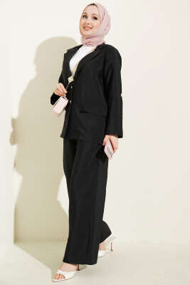 Kruvaze Yaka Gold Düğmeli Ceketli Takım Siyah - İkili Takım