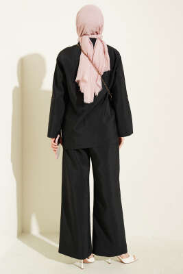 Kruvaze Yaka Gold Düğmeli Ceketli Takım Siyah - İkili Takım