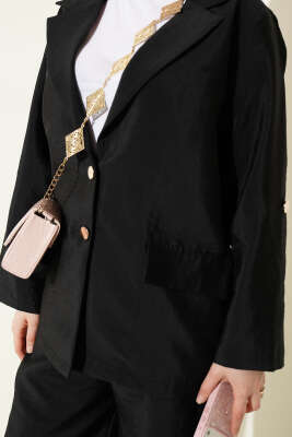 Kruvaze Yaka Gold Düğmeli Ceketli Takım Siyah - İkili Takım