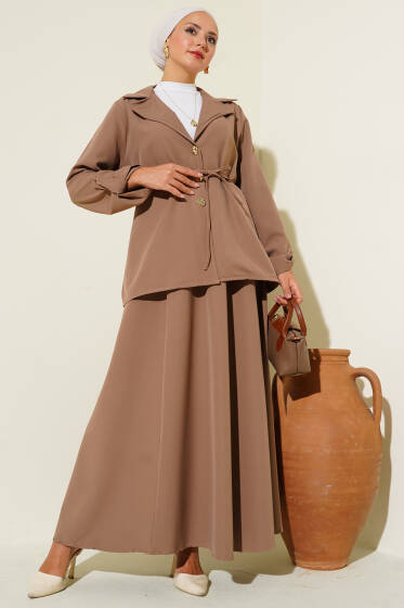 Kruvaze Yaka Gold Düğmeli Dabıl İkili Takım Latte - İkili Takım