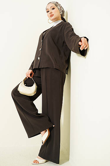 Kruvaze Yaka Gold Düğmeli İkili Takım Acı Kahve - İkili Takım