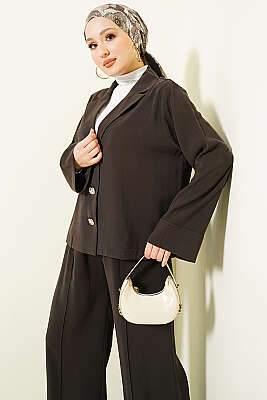 Kruvaze Yaka Gold Düğmeli İkili Takım Acı Kahve - İkili Takım