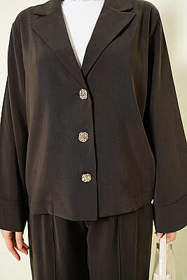 Kruvaze Yaka Gold Düğmeli İkili Takım Acı Kahve - İkili Takım