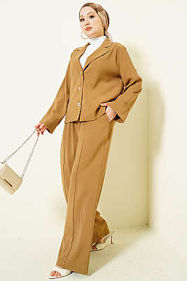 Kruvaze Yaka Gold Düğmeli İkili Takım Camel - BIGDART