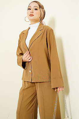 Kruvaze Yaka Gold Düğmeli İkili Takım Camel - İkili Takım