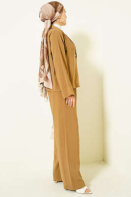 Kruvaze Yaka Gold Düğmeli İkili Takım Camel - İkili Takım