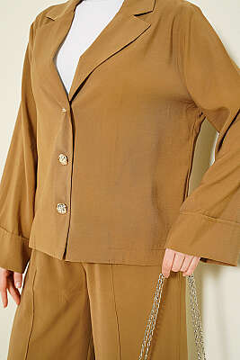 Kruvaze Yaka Gold Düğmeli İkili Takım Camel - İkili Takım