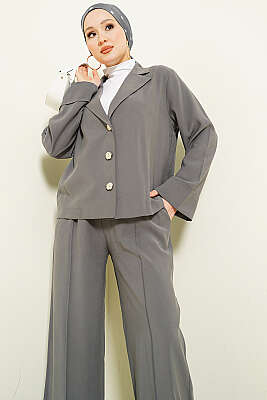 Kruvaze Yaka Gold Düğmeli İkili Takım Gri - BIGDART