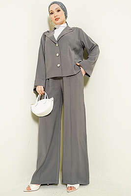 Kruvaze Yaka Gold Düğmeli İkili Takım Gri - İkili Takım