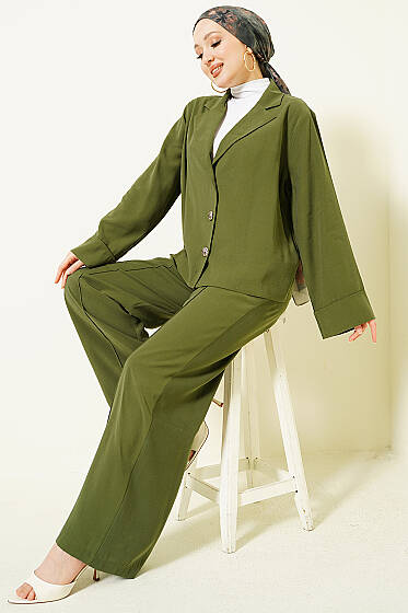Kruvaze Yaka Gold Düğmeli İkili Takım Haki - İkili Takım