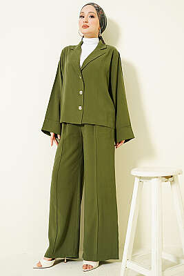 Kruvaze Yaka Gold Düğmeli İkili Takım Haki - İkili Takım