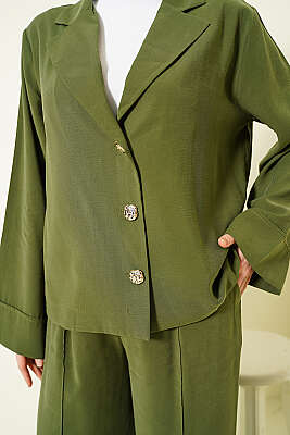 Kruvaze Yaka Gold Düğmeli İkili Takım Haki - İkili Takım