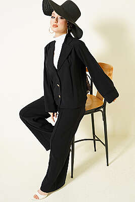 Kruvaze Yaka Gold Düğmeli İkili Takım Siyah - BIGDART