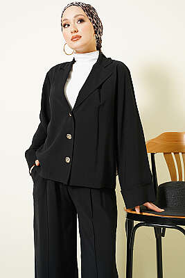 Kruvaze Yaka Gold Düğmeli İkili Takım Siyah - İkili Takım