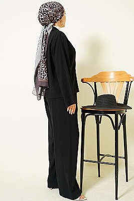 Kruvaze Yaka Gold Düğmeli İkili Takım Siyah - İkili Takım