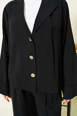 Kruvaze Yaka Gold Düğmeli İkili Takım Siyah - İkili Takım