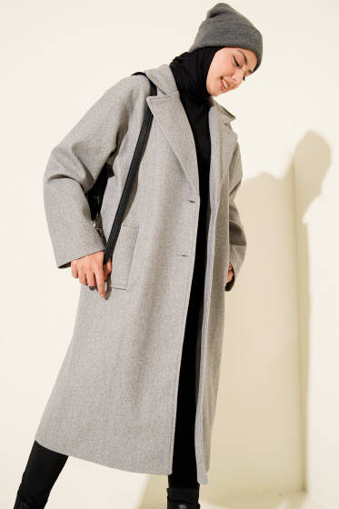 Kruvaze Yaka İki Düğmeli Detaylı Kaşe Kaban Gri - Kaban