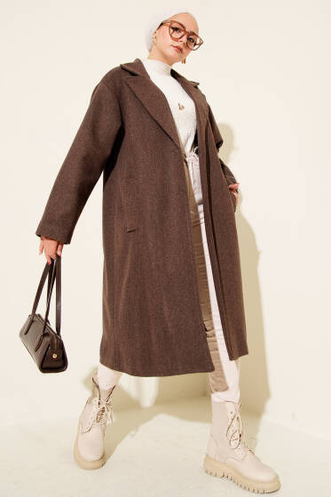 Kruvaze Yaka İki Düğmeli Detaylı Kaşe Kaban Kahve - Kaban