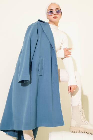 Kruvaze Yaka İki Düğmeli Detaylı Kaşe Kaban Mavi - Kaban