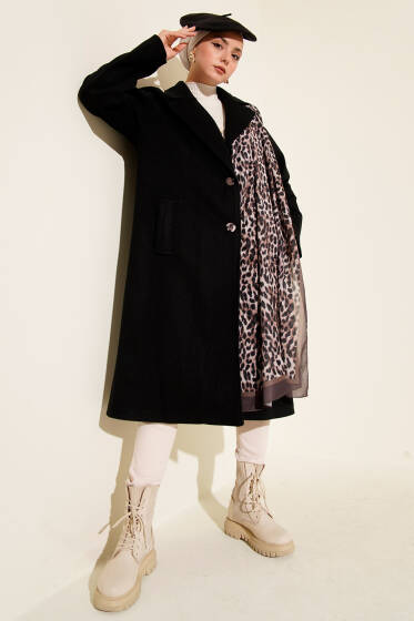 Kruvaze Yaka İki Düğmeli Detaylı Kaşe Kaban Siyah - Kaban