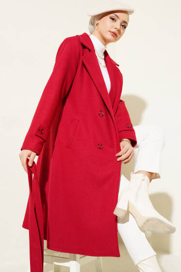 Kruvaze Yaka İki Düğmeli Kaşe Kaban Bordo - Kaban