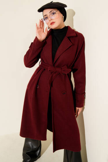 Kruvaze Yaka İki Düğmeli Kaşe Kaban Burgonya - Kaban