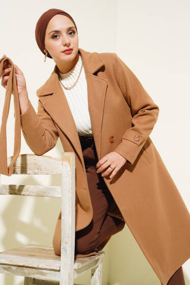 Kruvaze Yaka İki Düğmeli Kaşe Kaban Camel - Kaban
