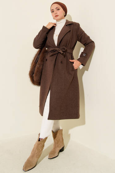 Kruvaze Yaka İki Düğmeli Kaşe Kaban Kahve - Kaban