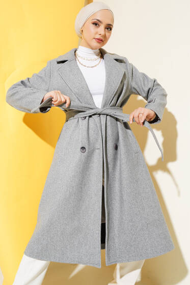 Kruvaze Yaka İki Düğmeli Kaşe Kaban Melanj Gri - Kaban