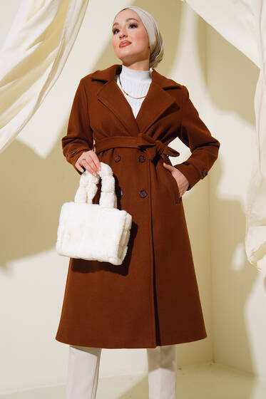 Kruvaze Yaka İki Düğmeli Kaşe Kaban Taba - Kaban