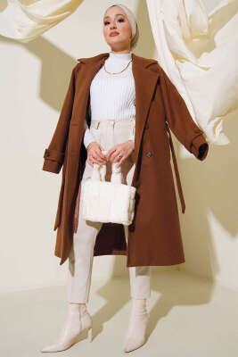 Kruvaze Yaka İki Düğmeli Kaşe Kaban Taba - Kaban