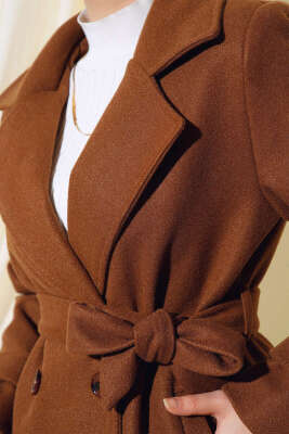 Kruvaze Yaka İki Düğmeli Kaşe Kaban Taba - Kaban