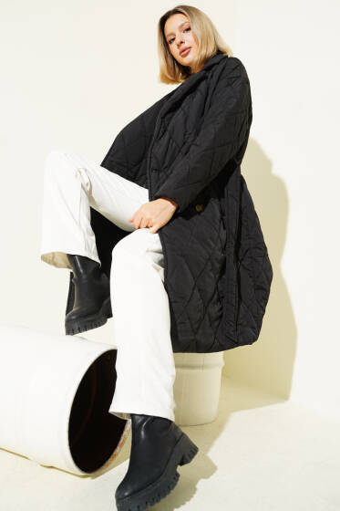 Kruvaze Yaka Kapitone Kuşaklı Mont Siyah - Kadın Giyim Modelleri