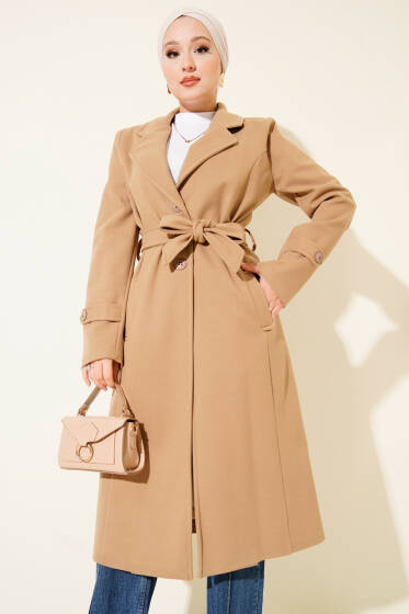 Kruvaze Yaka Kaşe Kaban Latte - Kaban