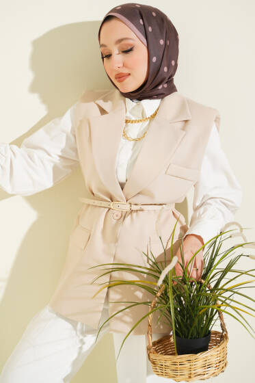 Kruvaze Yaka Kemer Detaylı Yelek Bej - Yelek