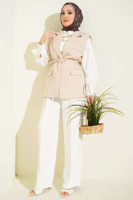 Kruvaze Yaka Kemer Detaylı Yelek Bej - Yelek