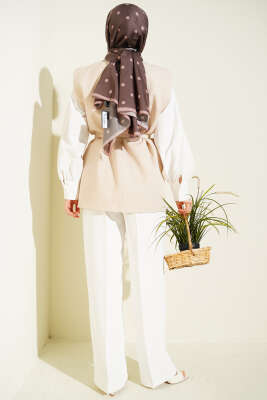 Kruvaze Yaka Kemer Detaylı Yelek Bej - Yelek