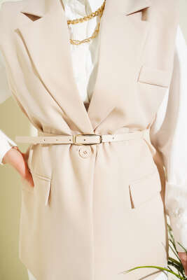 Kruvaze Yaka Kemer Detaylı Yelek Bej - Yelek