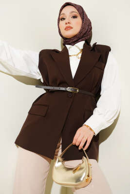 Kruvaze Yaka Kemer Detaylı Yelek Kahve - MD TREND