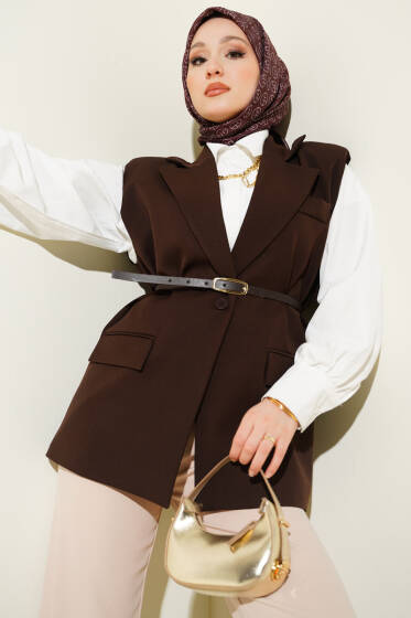 Kruvaze Yaka Kemer Detaylı Yelek Kahve - Yelek