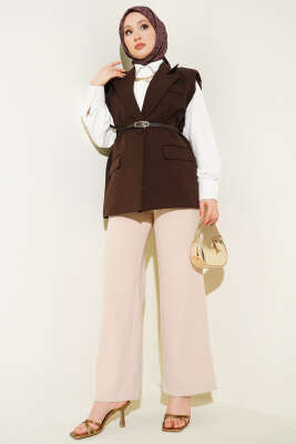 Kruvaze Yaka Kemer Detaylı Yelek Kahve - Yelek