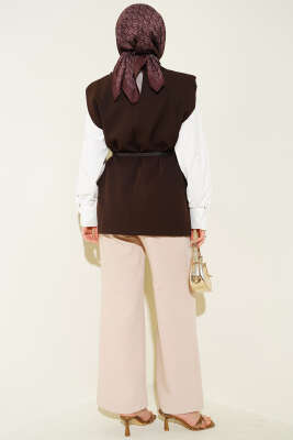 Kruvaze Yaka Kemer Detaylı Yelek Kahve - Yelek