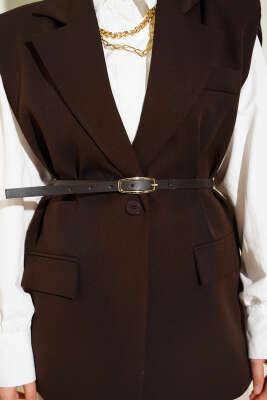 Kruvaze Yaka Kemer Detaylı Yelek Kahve - Yelek